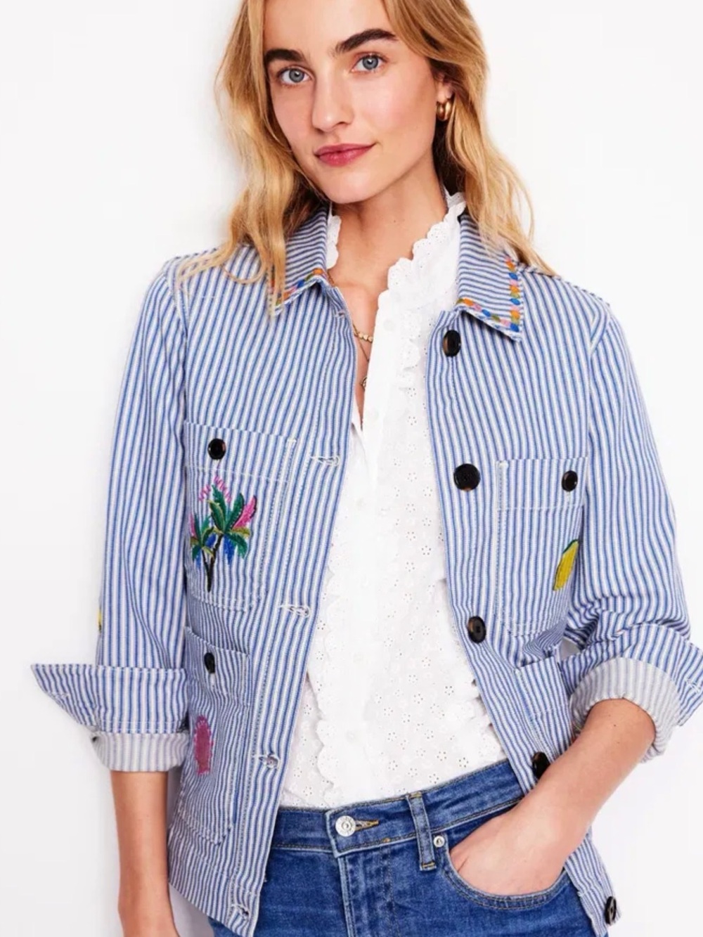 Boden Embroidered Utility Jacket Blue White Striped Tropical Women’s Size 10 - Picture 4 of 13